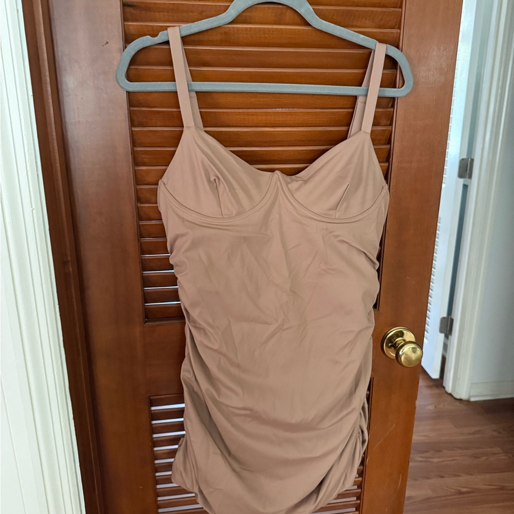 SKIMS Tan Ruched One Piece Sculpting Swimsuit Dress